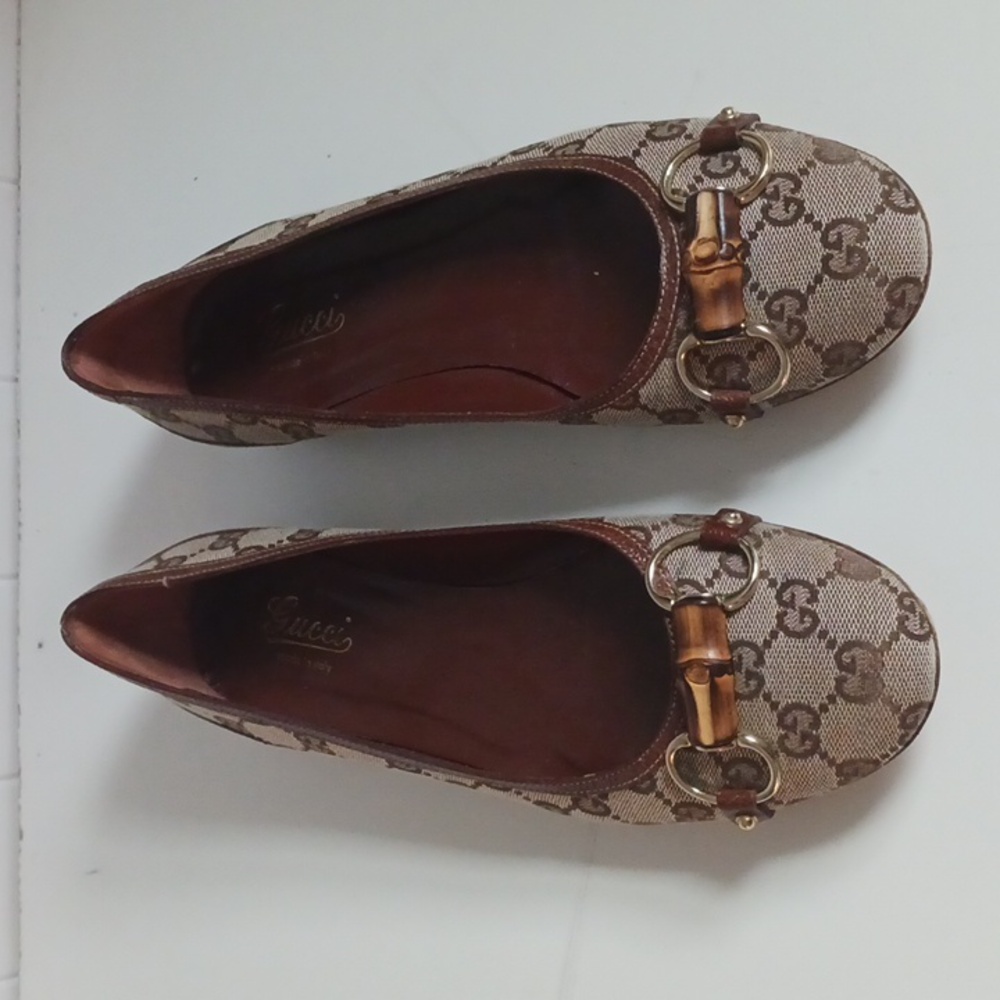 Gucci Tan Logo Canvas Flats In Box W Bamboo Bit. - Picture 3 of 7
